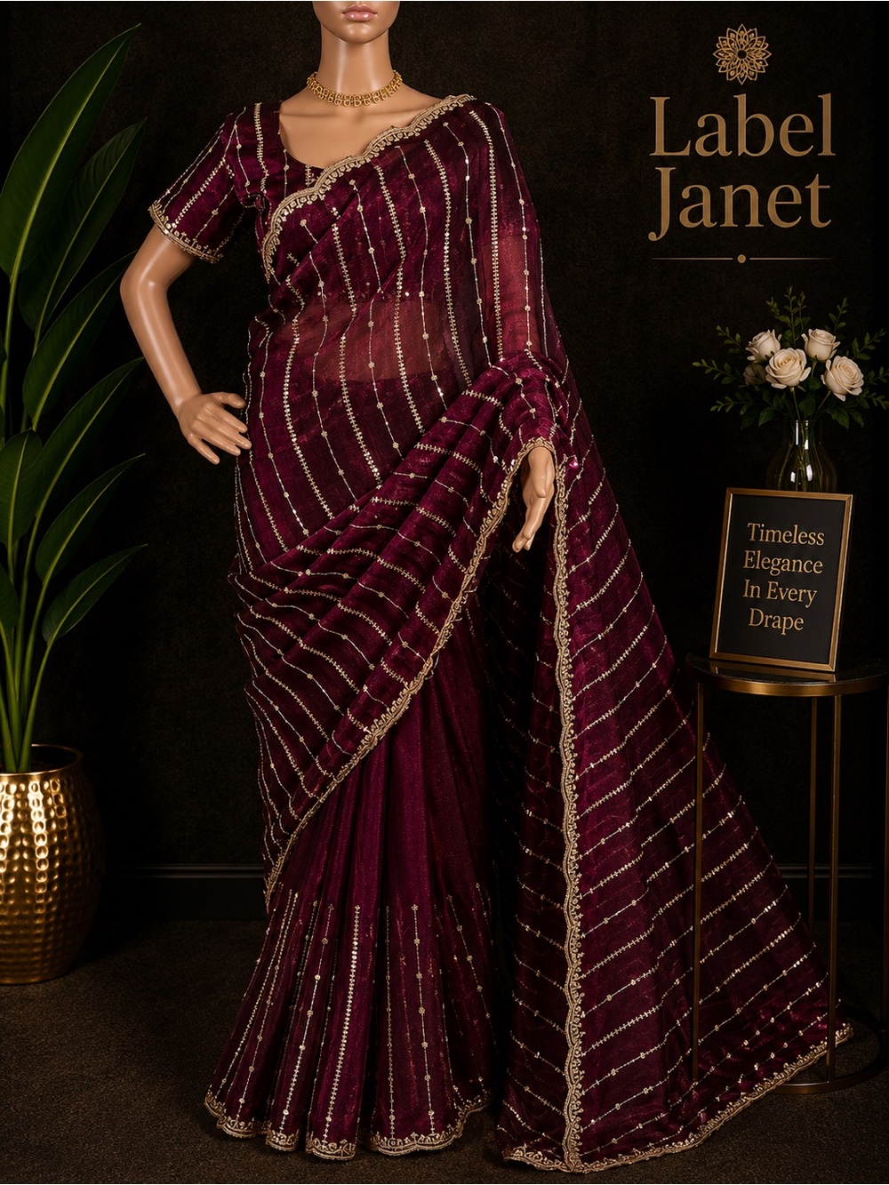 Embroidered Maroon Silk Saree with Gold Accents (Brand New)